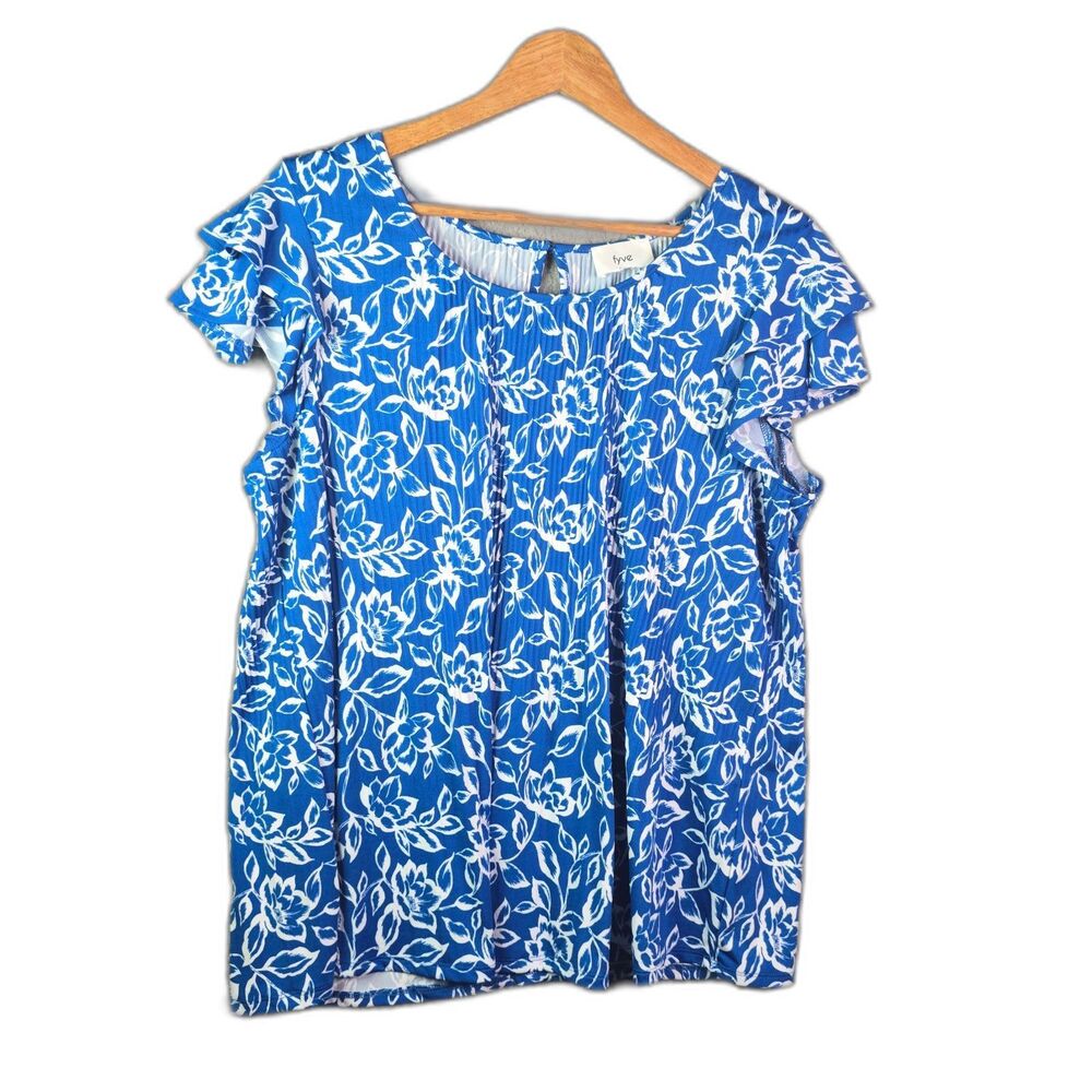FYVE Blue Floral Blouse XL Pleated Flutter Sleeve Keyhole Lightweight